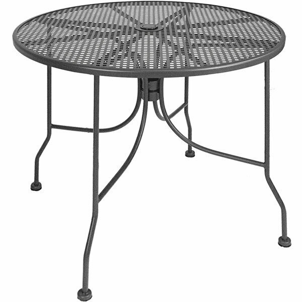 American Tables & Seating 36'' Round Dark Grey Metal Mesh Outdoor Table with Umbrella Hole 132ATSALM36